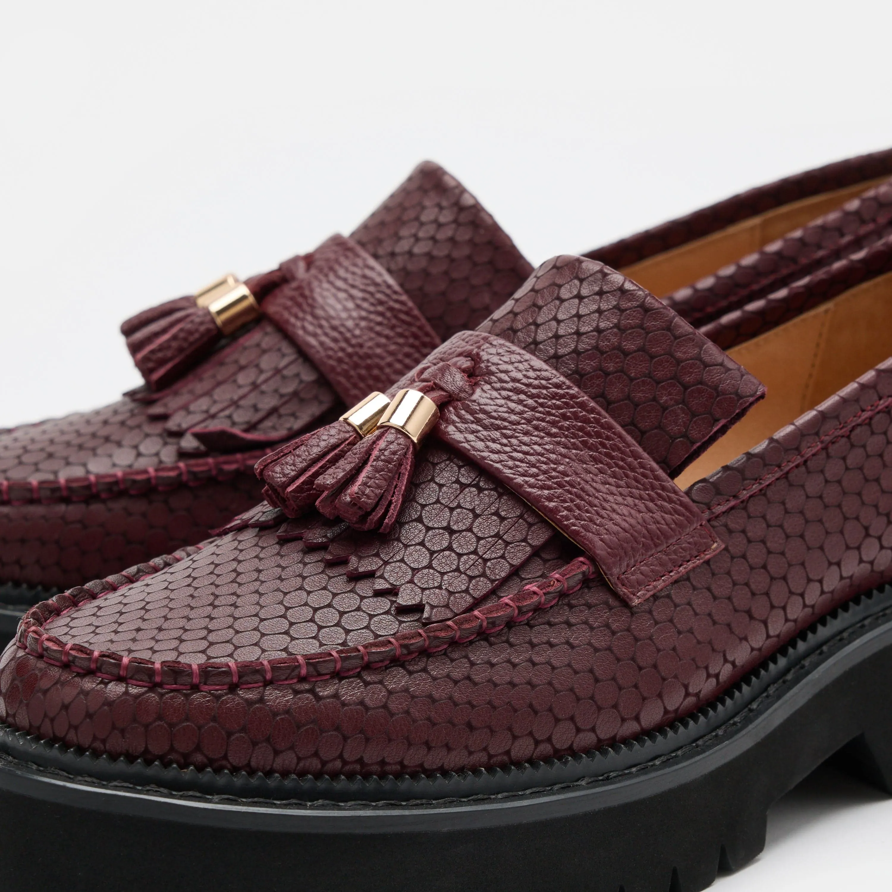 Ms. Journey Burgundy Crocskin Leather Lug Tassel Loafer Salvatore Ferragamo Horsebit Loafers