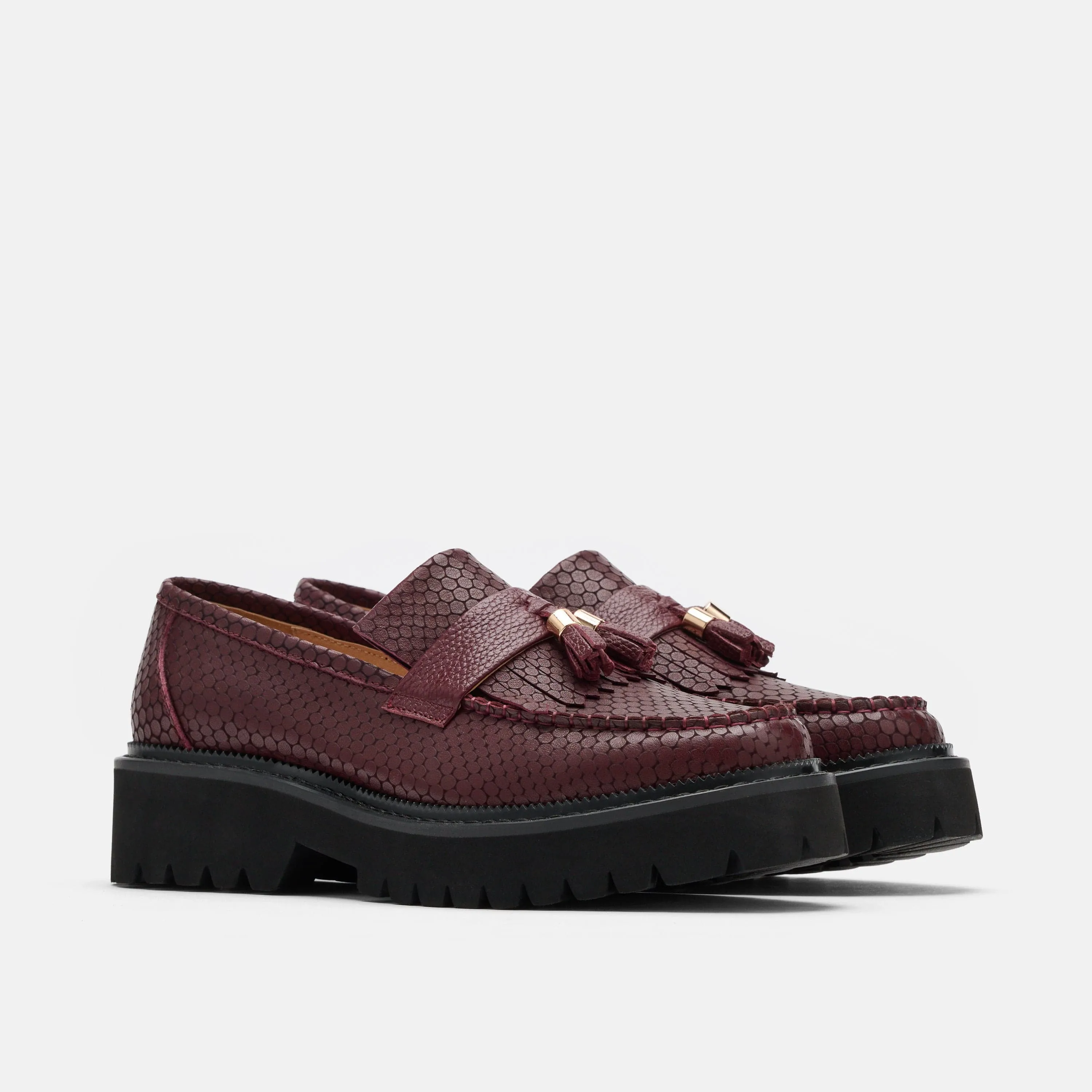 Lined Loafers Ms. Journey Burgundy Crocskin Leather Lug Tassel Loafer