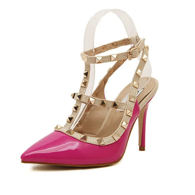 New 2017 Summer Fashion Lady Sexy Women Pumps Pointed Toe Sandals Slingback Studded T-Strap Rivet High Heels Wedding Shoes Woman Dress Shoes Wide