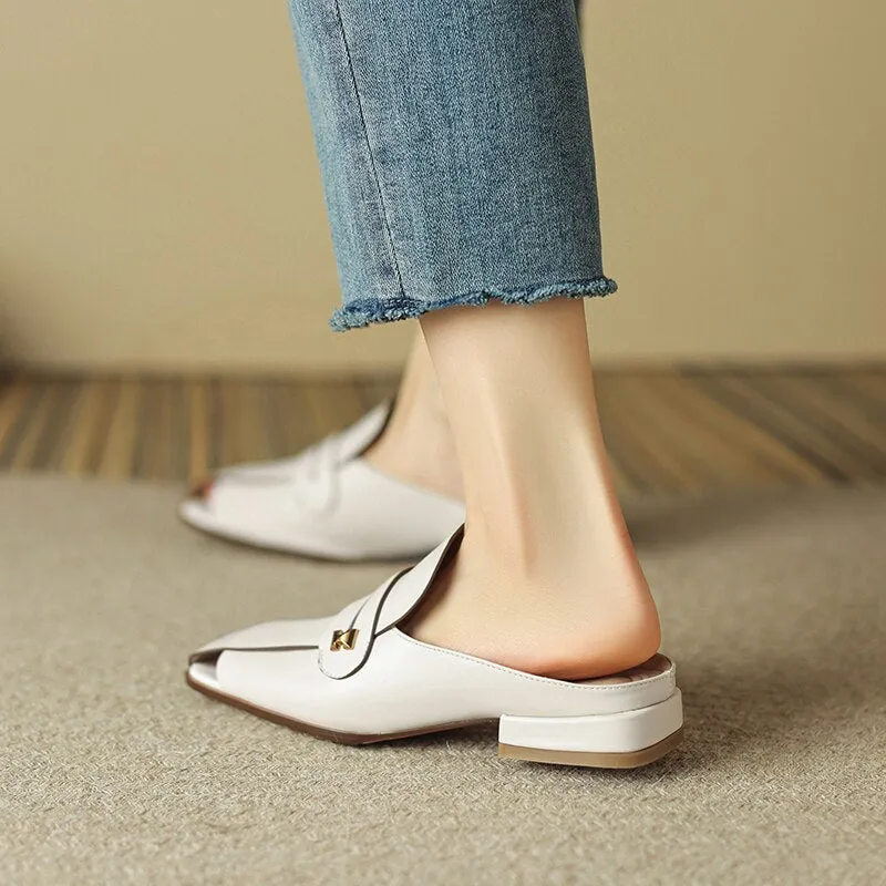 New Casual Mules Women Sandals Concise Genuine Leather Fashion Low Heels Slippers Shoes Woman Office Ladies Spring Summer Elkhide Slippers