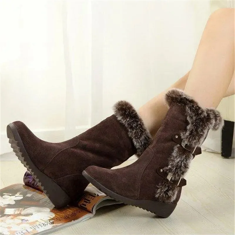 Best Casual Snow Boots New Winter Women Boots Casual Warm Fur Mid-Calf Boots shoes Women Slip-On Round Toe wedges Snow Boots shoes Muje Plus size 42
