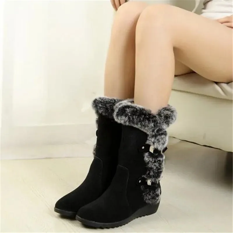 New Winter Women Boots Casual Warm Fur Mid-Calf Boots shoes Women Slip-On Round Toe wedges Snow Boots shoes Muje Plus size 42 Bench Snow Boots