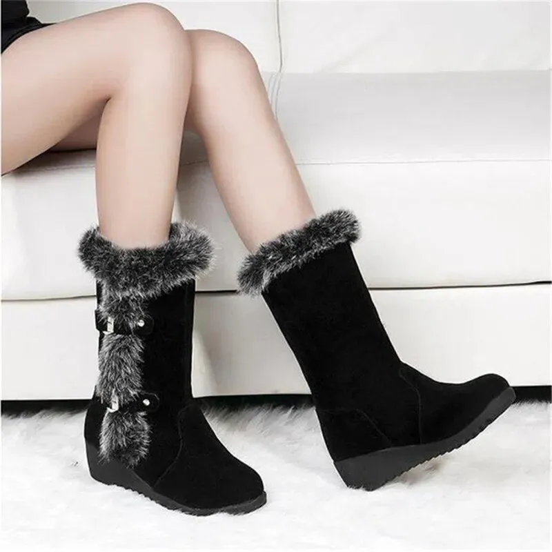 New Winter Women Boots Casual Warm Fur Mid-Calf Boots shoes Women Slip-On Round Toe wedges Snow Boots shoes Muje Plus size 42 Snow Boot Heaters