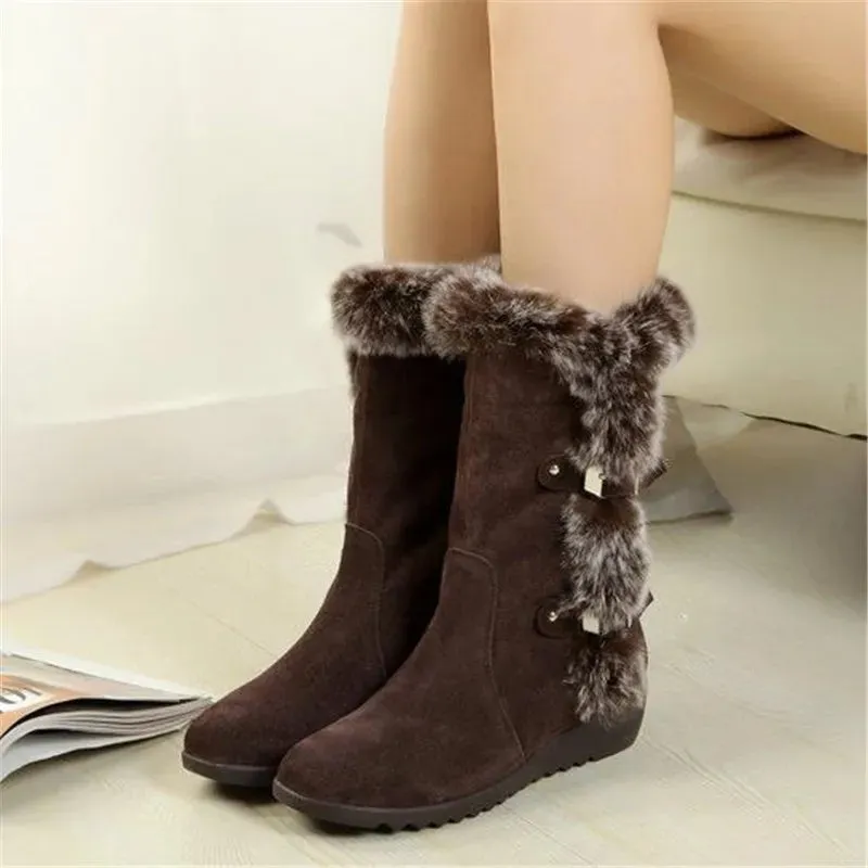 New Winter Women Boots Casual Warm Fur Mid-Calf Boots shoes Women Slip-On Round Toe wedges Snow Boots shoes Muje Plus size 42 Gore Tex Boots Snow