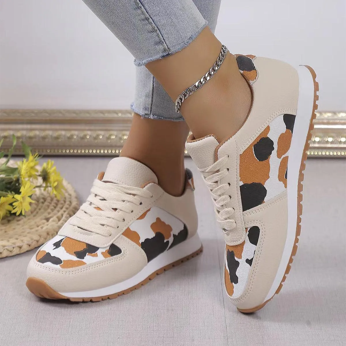 Cheap Flats Shoes Under 10 Fashoin Leopard Print Lace-up Sports Shoes For Women
