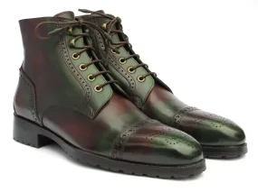 Boots For Big Calves Paul Parkman Green & Brown Hand-Painted Cap Toe Boots BT9566-BRG
