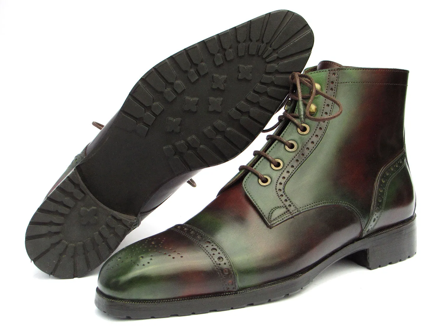 Paul Parkman Green & Brown Hand-Painted Cap Toe Boots BT9566-BRG Leather Snow Boots