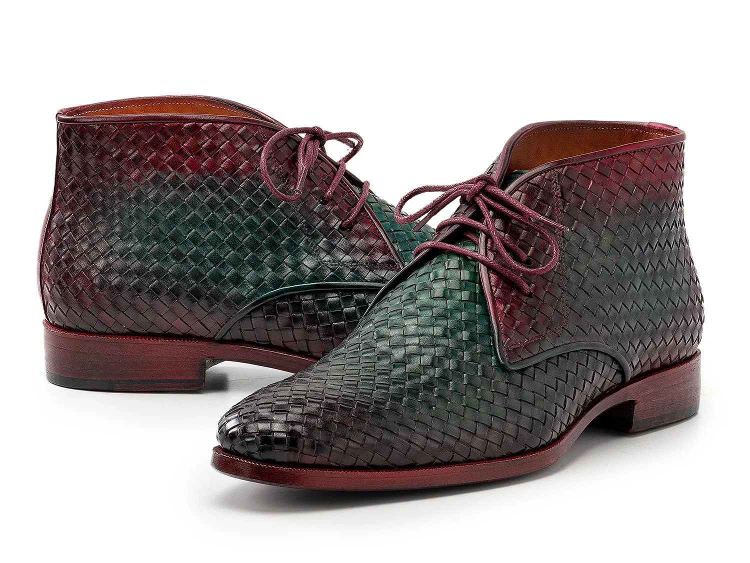 Paul Parkman Men's Green & Purple Woven Leather Chukka Boots (ID#CK82WGP) Gold Boots Knee High