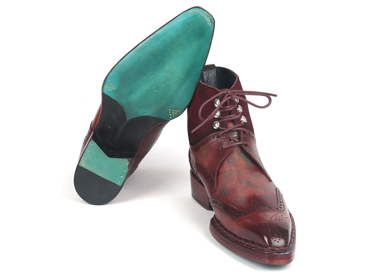 Paul Parkman Men's Norwegian Welted Wingtip Leather and Suede Boots (ID#8509-BUR) Dsw Cowboy Boots