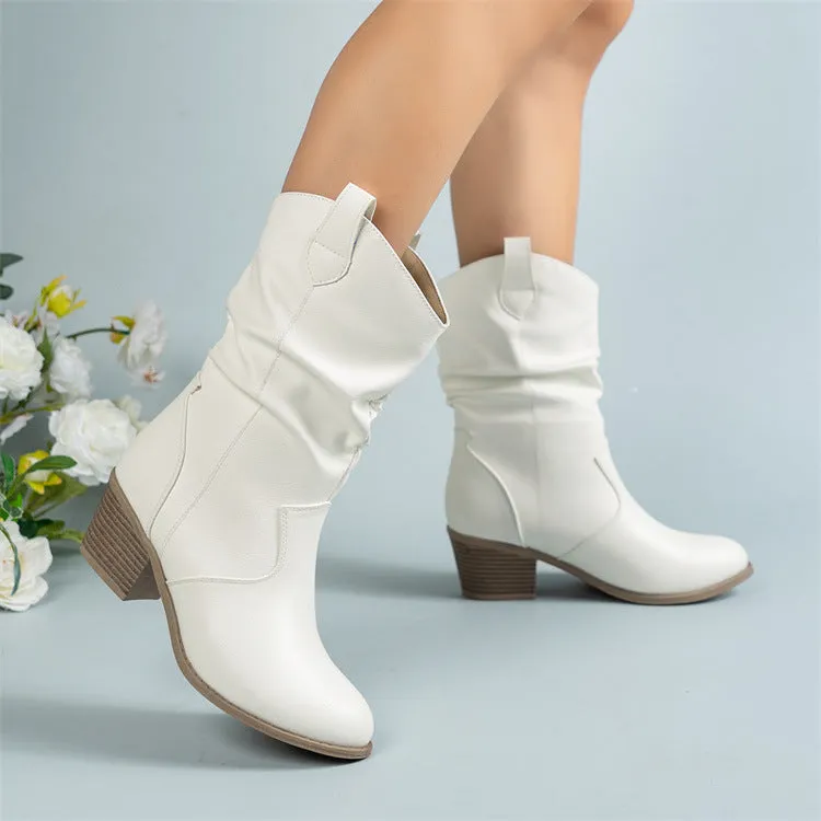 Pleated One Foot Climbing Small High Heel Mid Top Western Denim Women Boots Cowboy Boots With Dress Pants