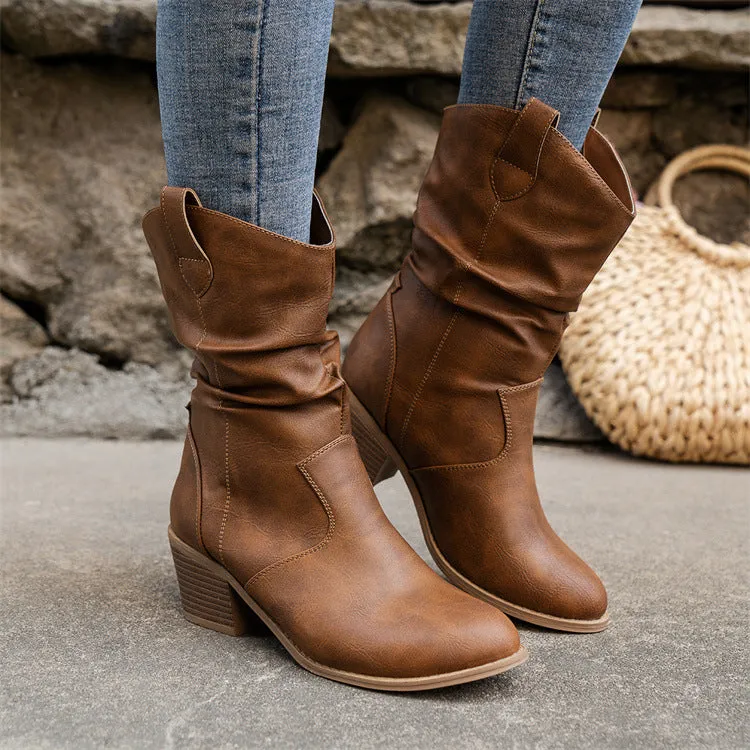 White Fringe Cowboy Boots Pleated One Foot Climbing Small High Heel Mid Top Western Denim Women Boots