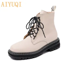 Faux Leather Boots AIYUQI Boots Female women shoes Ankle 2020 New Autumn British Wind Genuine Leather Thick With Short Boots Motorcycle Boots
