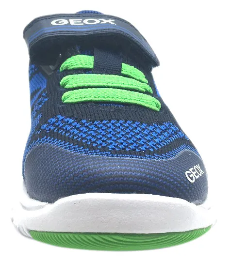 Geox Boy's Xunday Navy Blue Green Lightweight Textile Hook and Loop Strap Elastic Lace Sporty Low Top Breathable Sneaker Asics Shoes Cross Training