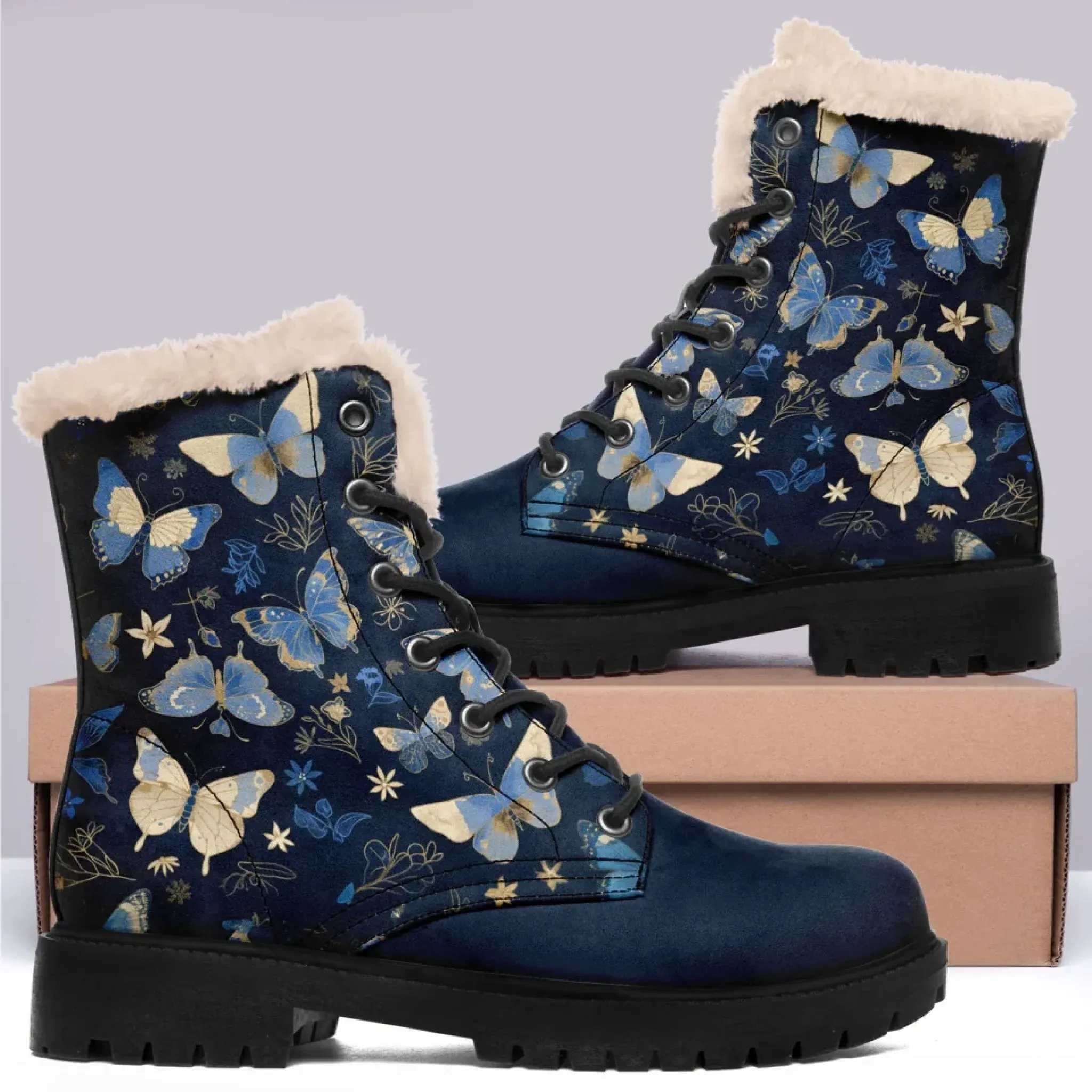 Mid Calf Winter Boots Personalized Butterfly Winter Boots, Custom Cozy and Stylish Ankle Boots for Women