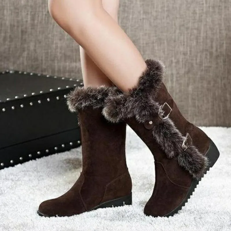 Brown New Winter Women Casual Warm Fur Mid-Calf Boots Shoes Women Slip-On Round Toe Flats Snow Boots Shoes Baffin Snow Monster Boots