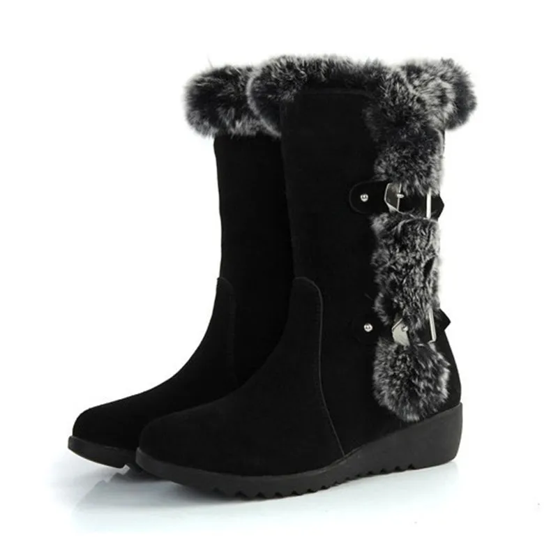 Brown New Winter Women Casual Warm Fur Mid-Calf Boots Shoes Women Slip-On Round Toe Flats Snow Boots Shoes Vans Remedy Snow Boot