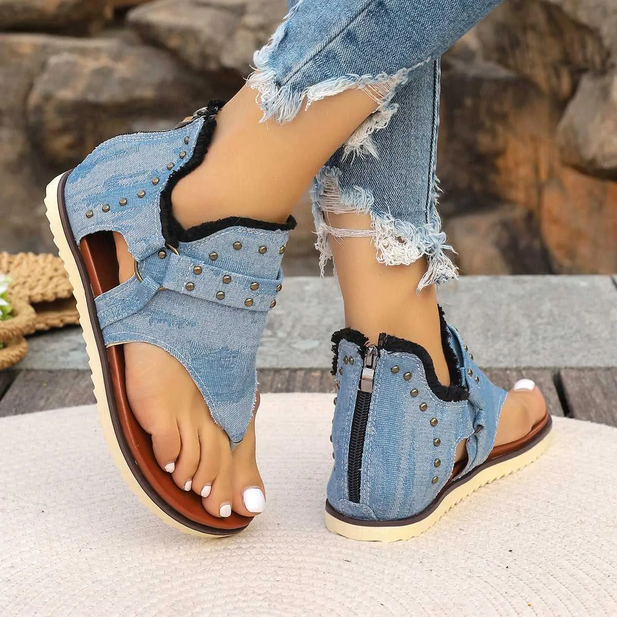 Running Shoe Flat Feet Denim Thong Sandals With Rear Zipper Summer Retro Beach Flat Shoes For Women