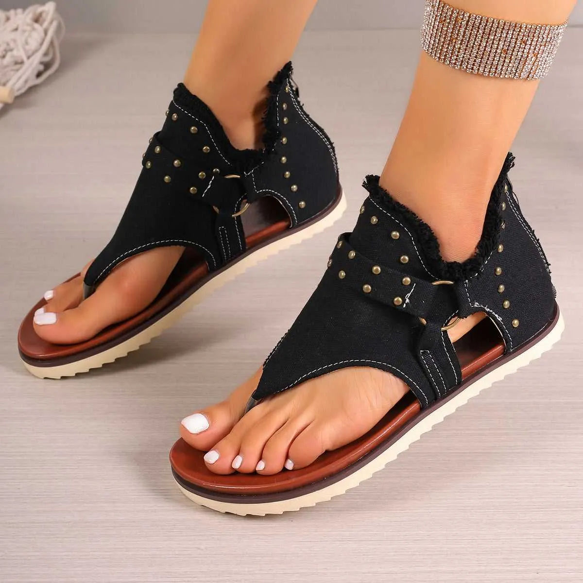 Denim Thong Sandals With Rear Zipper Summer Retro Beach Flat Shoes For Women Flat Bottom Running Shoes