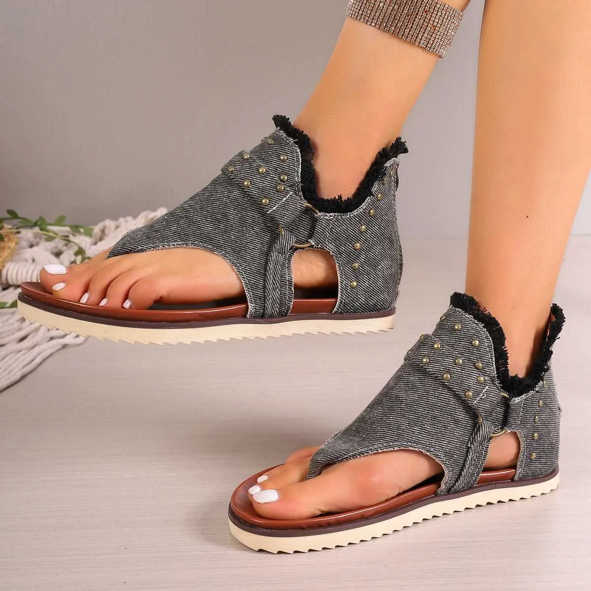 Denim Thong Sandals With Rear Zipper Summer Retro Beach Flat Shoes For Women Flat Shoe Style Names