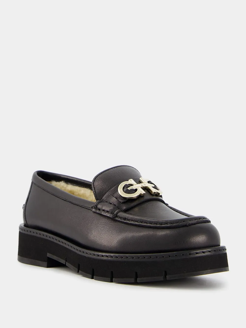 Boat Shoe Loafers Moccasin with Gancini Ornament and Wool Lining
