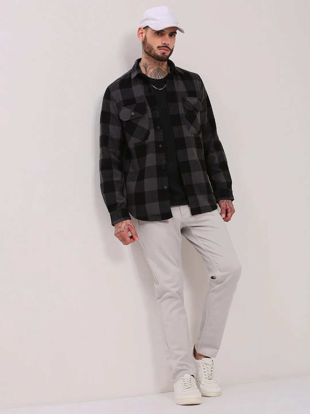 Work Boots Tactical Men's Grey Checked Relaxed Fit Cotton Shacket