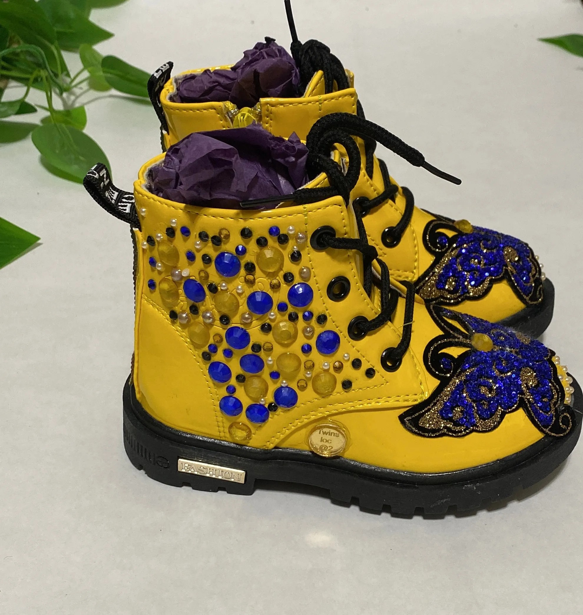 BUTTERFLY BLUE CUSTOM ONE OF A KIND YELLOW BOOTS Adidas Steel Cap Shoes