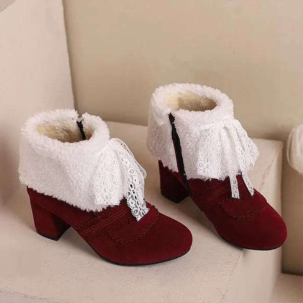 Adidas Bape Shoes Women's Retro Lace Bow Cotton Lined Block Heel Boots 86052047S