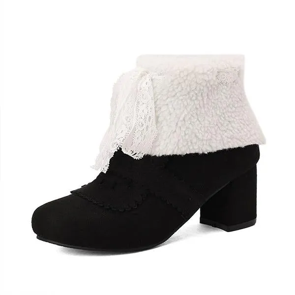 Women's Retro Lace Bow Cotton Lined Block Heel Boots 86052047S Adidas Sambarose Shoes
