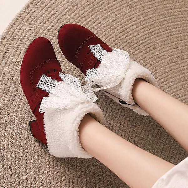 Women's Retro Lace Bow Cotton Lined Block Heel Boots 86052047S Adidas Smith Shoes