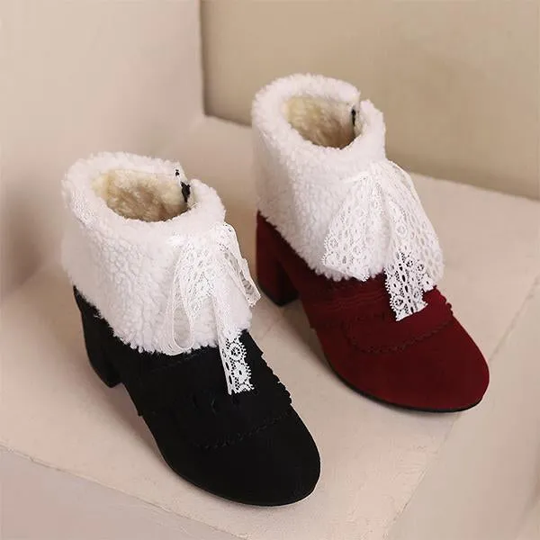 Running Shoes Adidas Women's Retro Lace Bow Cotton Lined Block Heel Boots 86052047S