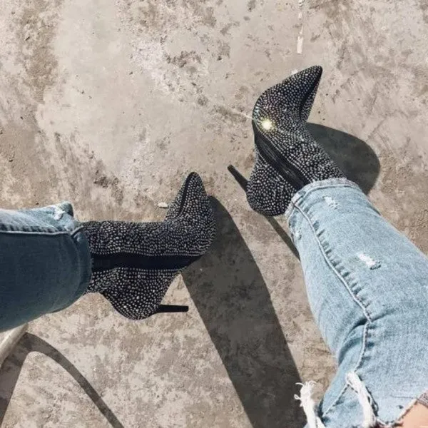 Adidas Two Stripe Shoes Purpdrank - Black Casual Patchwork Rhinestone Pointed Shoes (Heel Height 4.53in)