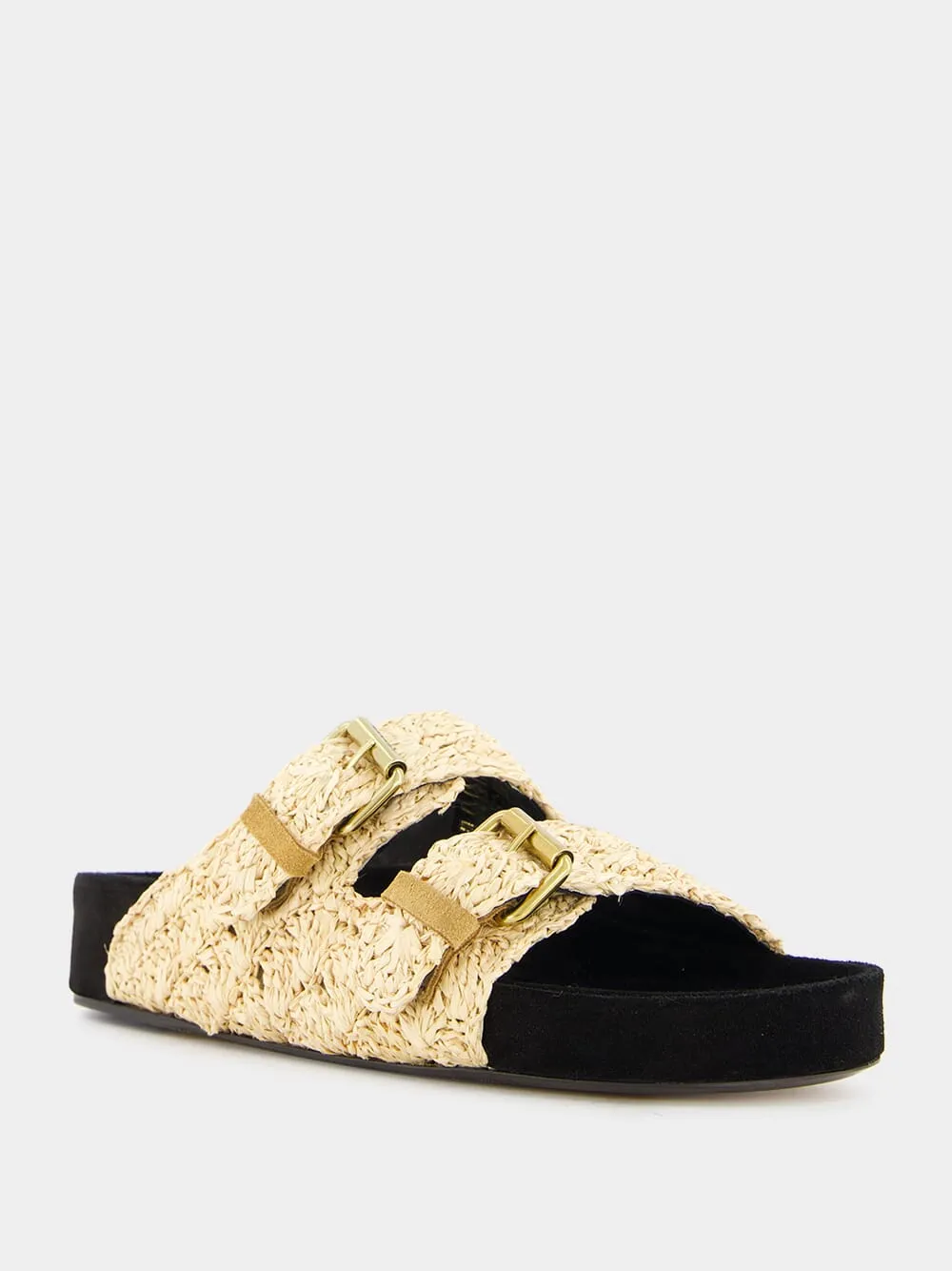 Raffia Buckle-Strap Sandals Suede Flat Shoes