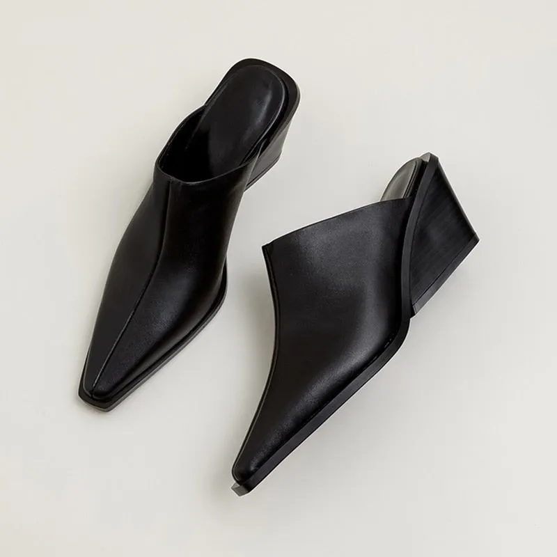 Yeknu New Ladies Genuine Leather Mules Fashion Med Chunky Heels Summer Wedges Slippers Women Casual Office Shoes Woman Compression Slippers