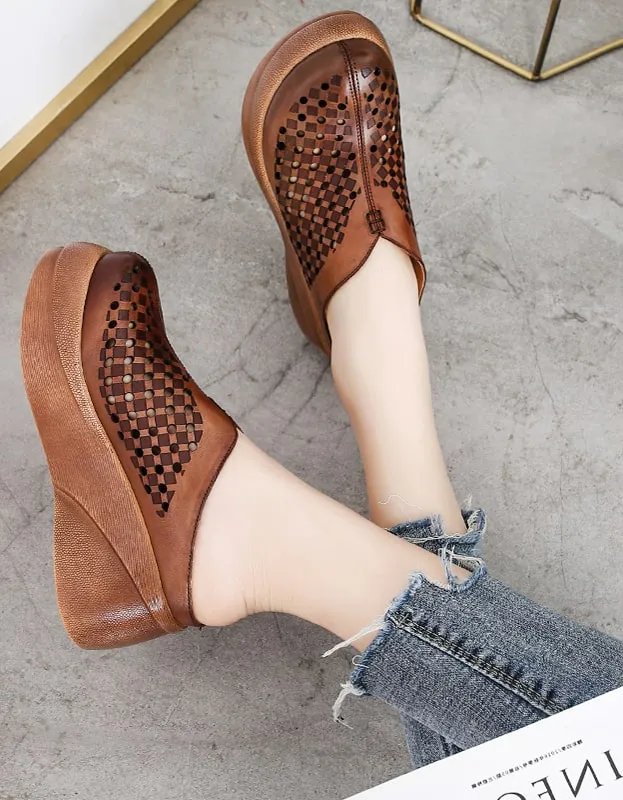 Retro Leather Summer Hollow Platform Slippers Softball Slippers