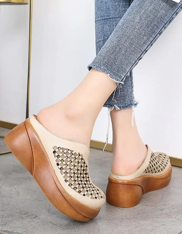 Christmas Ladies Slippers Retro Leather Summer Hollow Platform Slippers