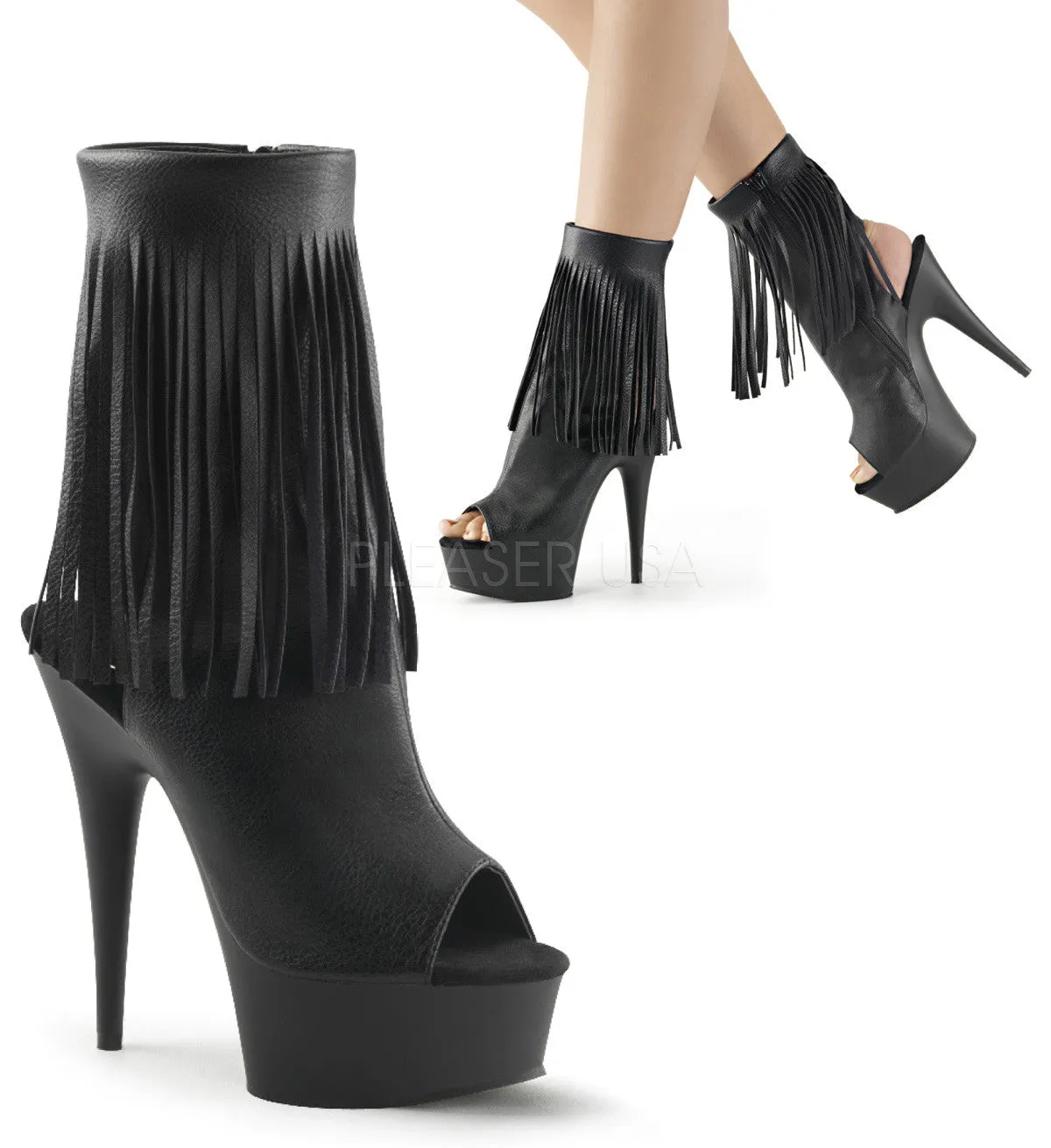 Pleaser DELIGHT-1019 Black Faux Leather Fringe Ankle Boots With Black Matte Platform Framing Work Boots