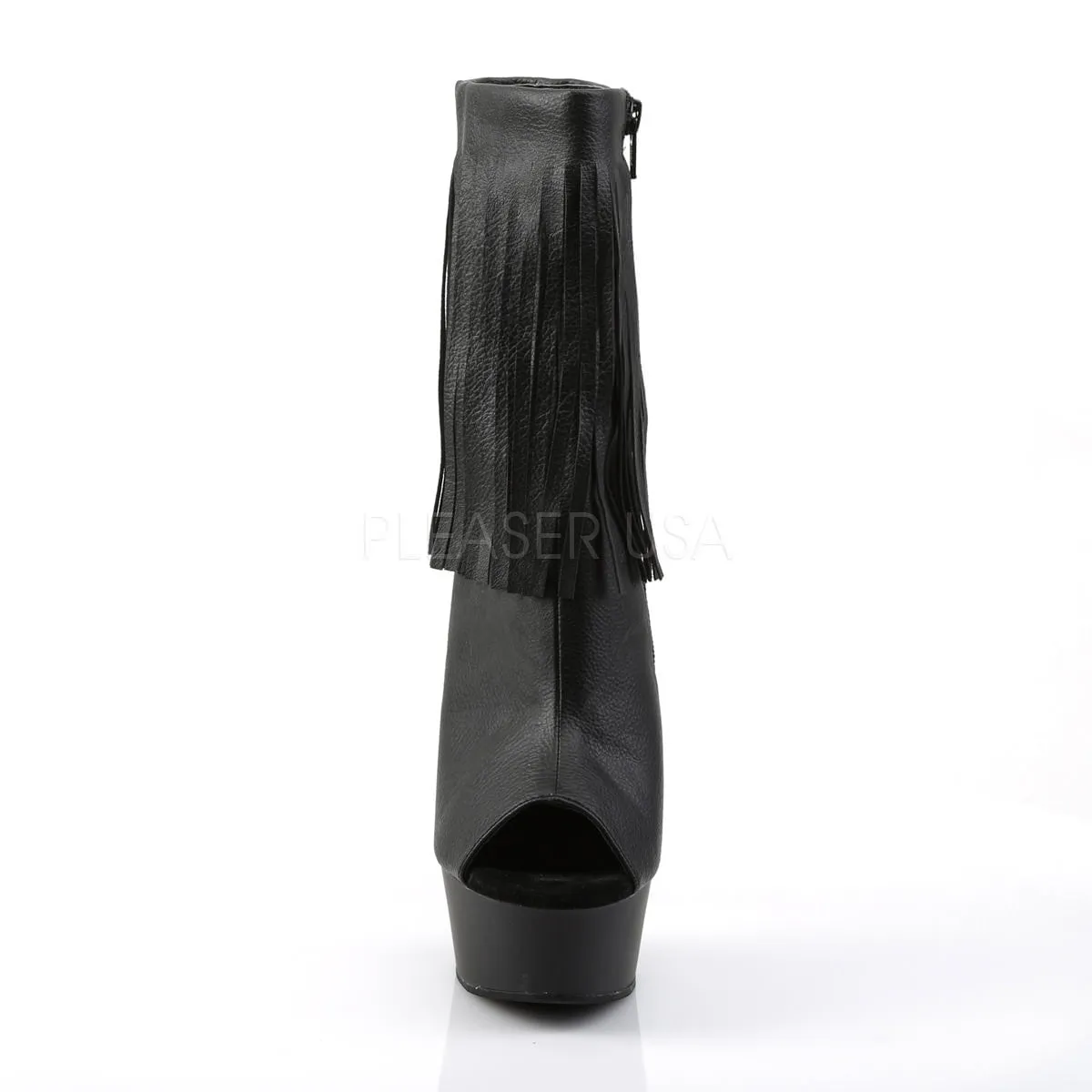 Pleaser DELIGHT-1019 Black Faux Leather Fringe Ankle Boots With Black Matte Platform Fire Proof Work Boots