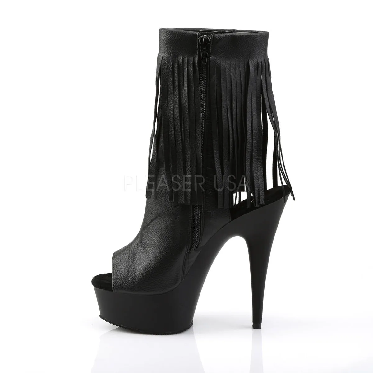 Pleaser DELIGHT-1019 Black Faux Leather Fringe Ankle Boots With Black Matte Platform Work Chelsea Boots