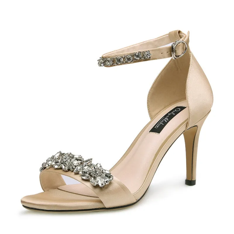 Ferragamo Sandals Silk Rhinestone Embellished High Heel Ankle Strap Sandals