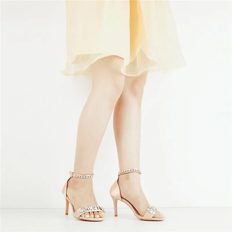Combat Sandals Silk Rhinestone Embellished High Heel Ankle Strap Sandals