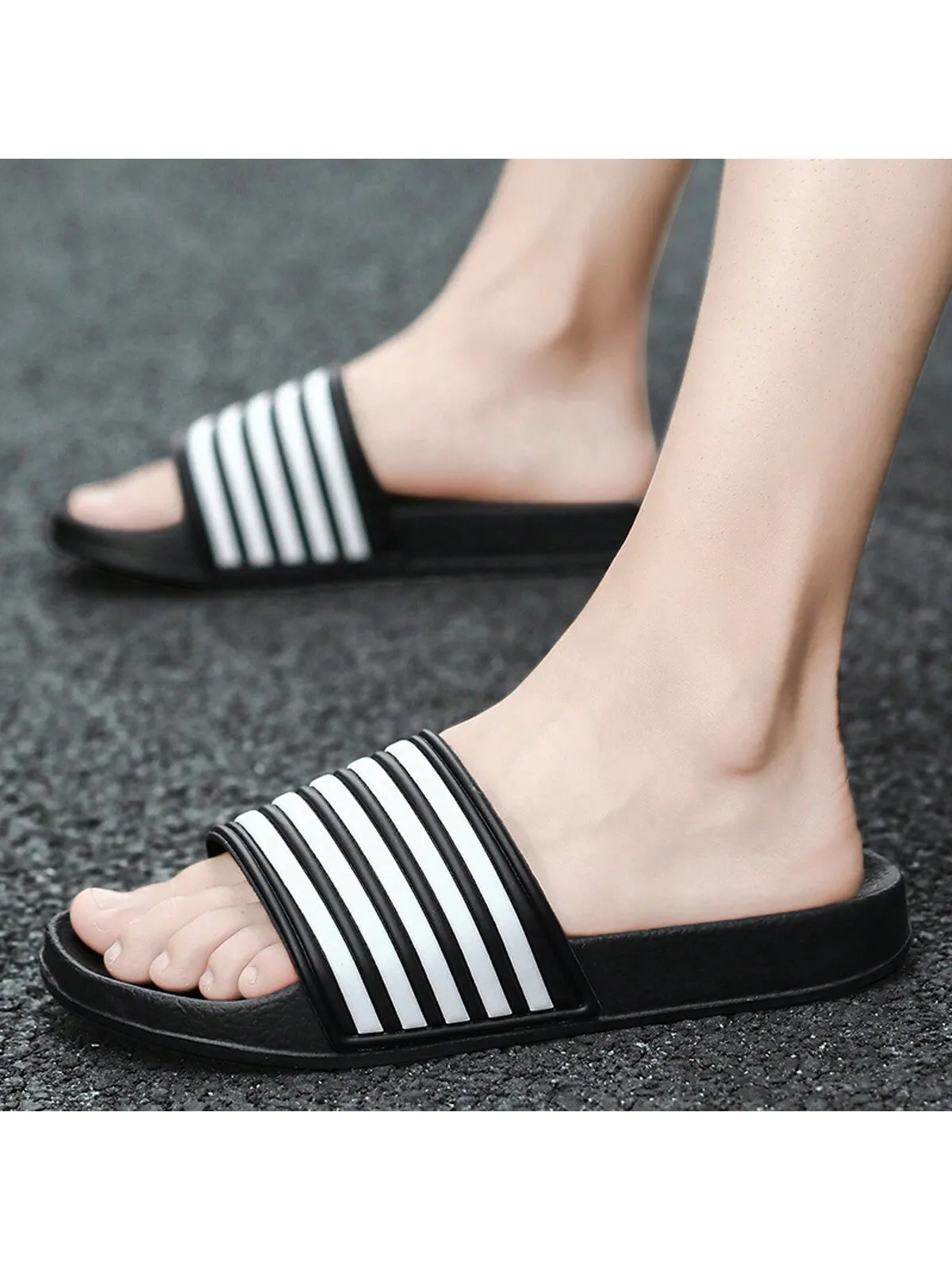 Men's Plus Size Black And White Striped Slippers For Summer, Fashionable Waterproof And Odor-Resistant House Slippers For Indoor And Outdoor Use, Beach Slides Asics Metrolyte Shoes