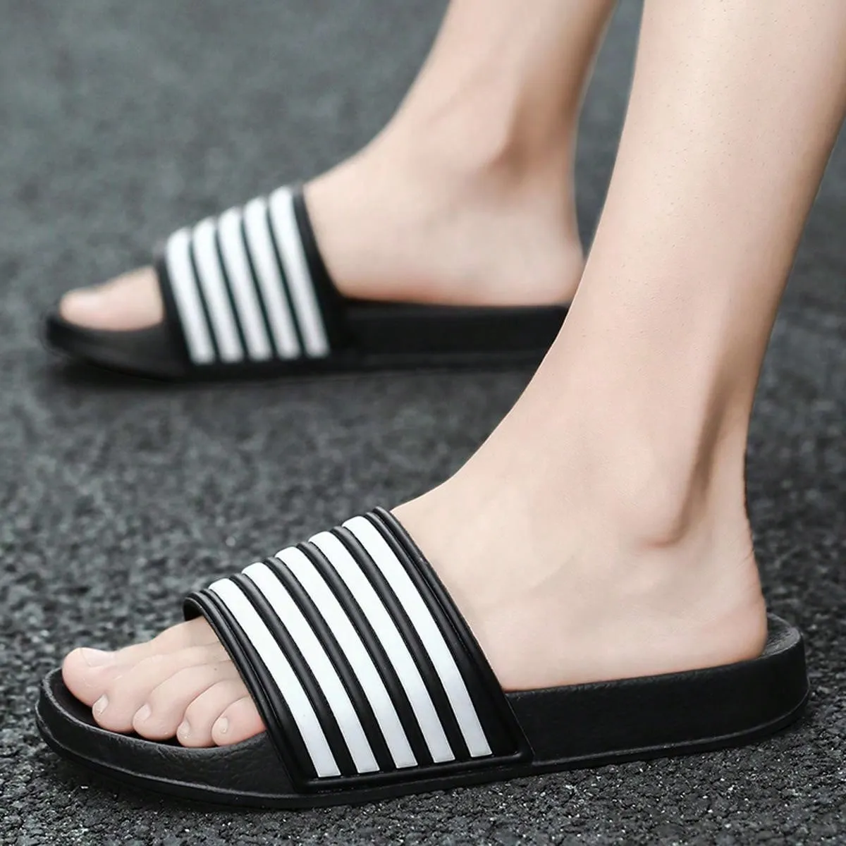 Asics Running Shoes Size Men's Plus Size Black And White Striped Slippers For Summer, Fashionable Waterproof And Odor-Resistant House Slippers For Indoor And Outdoor Use, Beach Slides