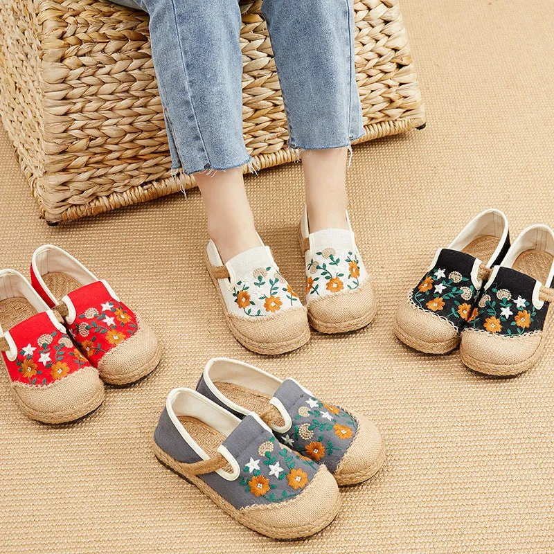 spring embroidered shoes flat-heeled, low-cut embroidered shallow shoes, literary and ethnic style women's shoes linen casual shoes Nice Asics Shoes