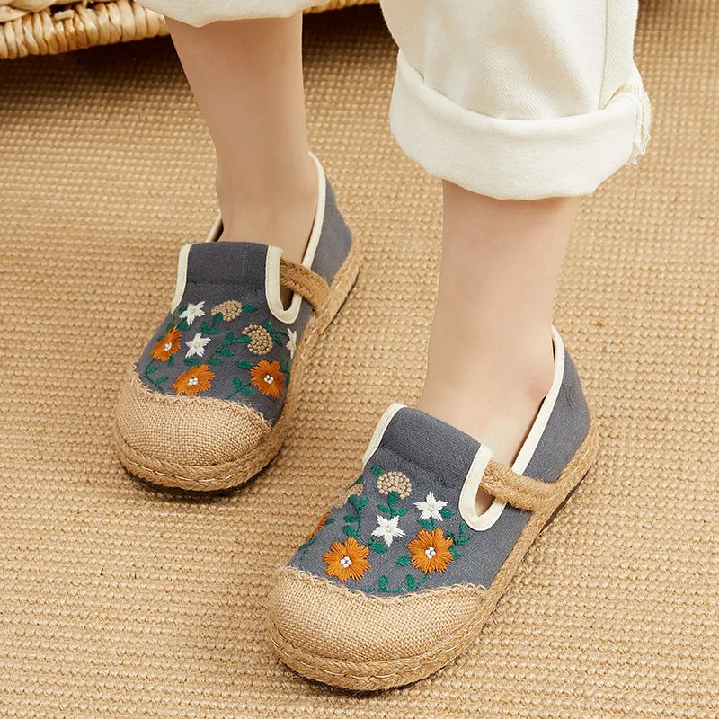 spring embroidered shoes flat-heeled, low-cut embroidered shallow shoes, literary and ethnic style women's shoes linen casual shoes Asics Walking Shoes Wide