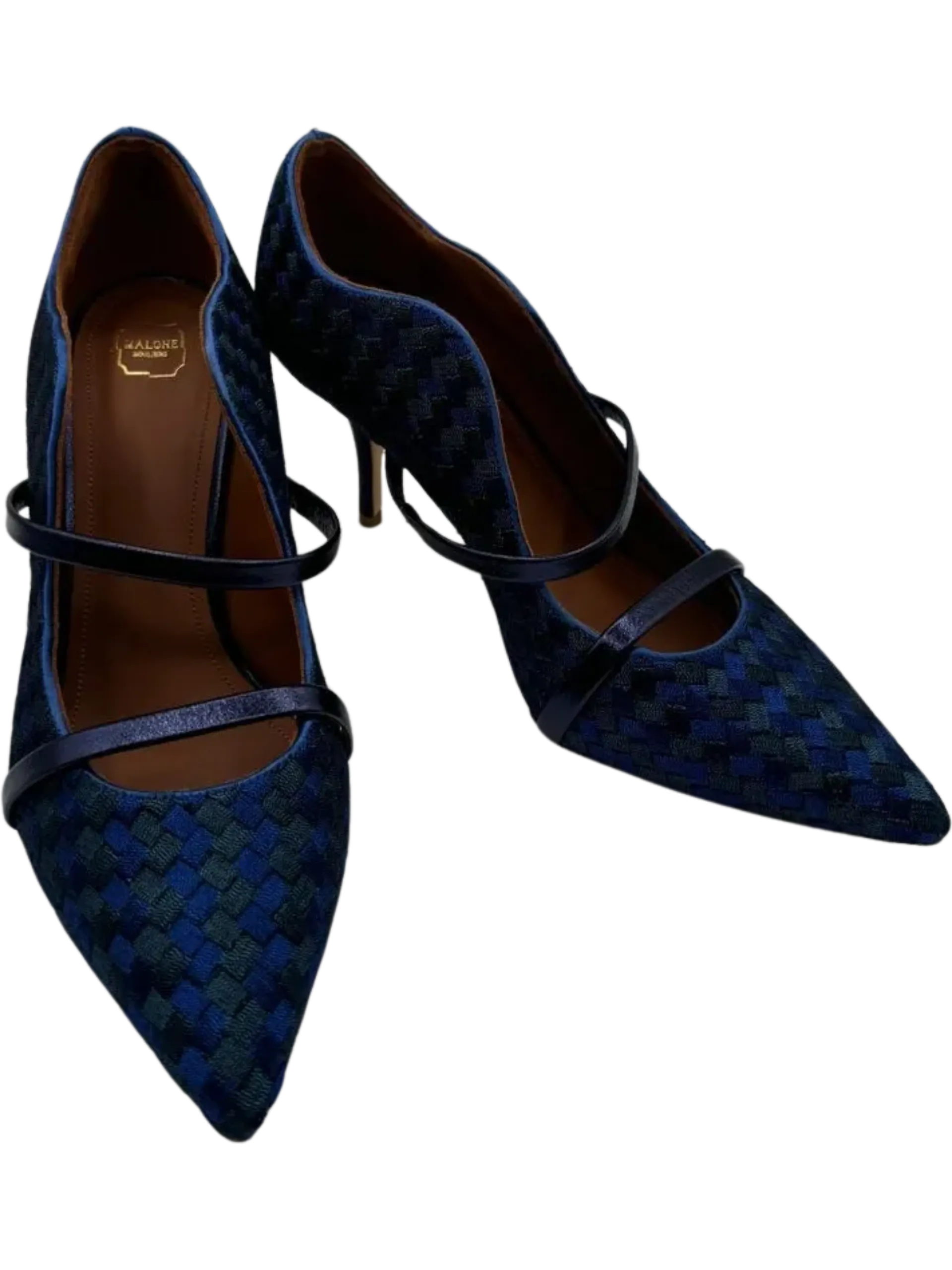 Malone Souliers Navy Maureen Bicolor Woven Point-Toe Mules High Heels That Don't Hurt