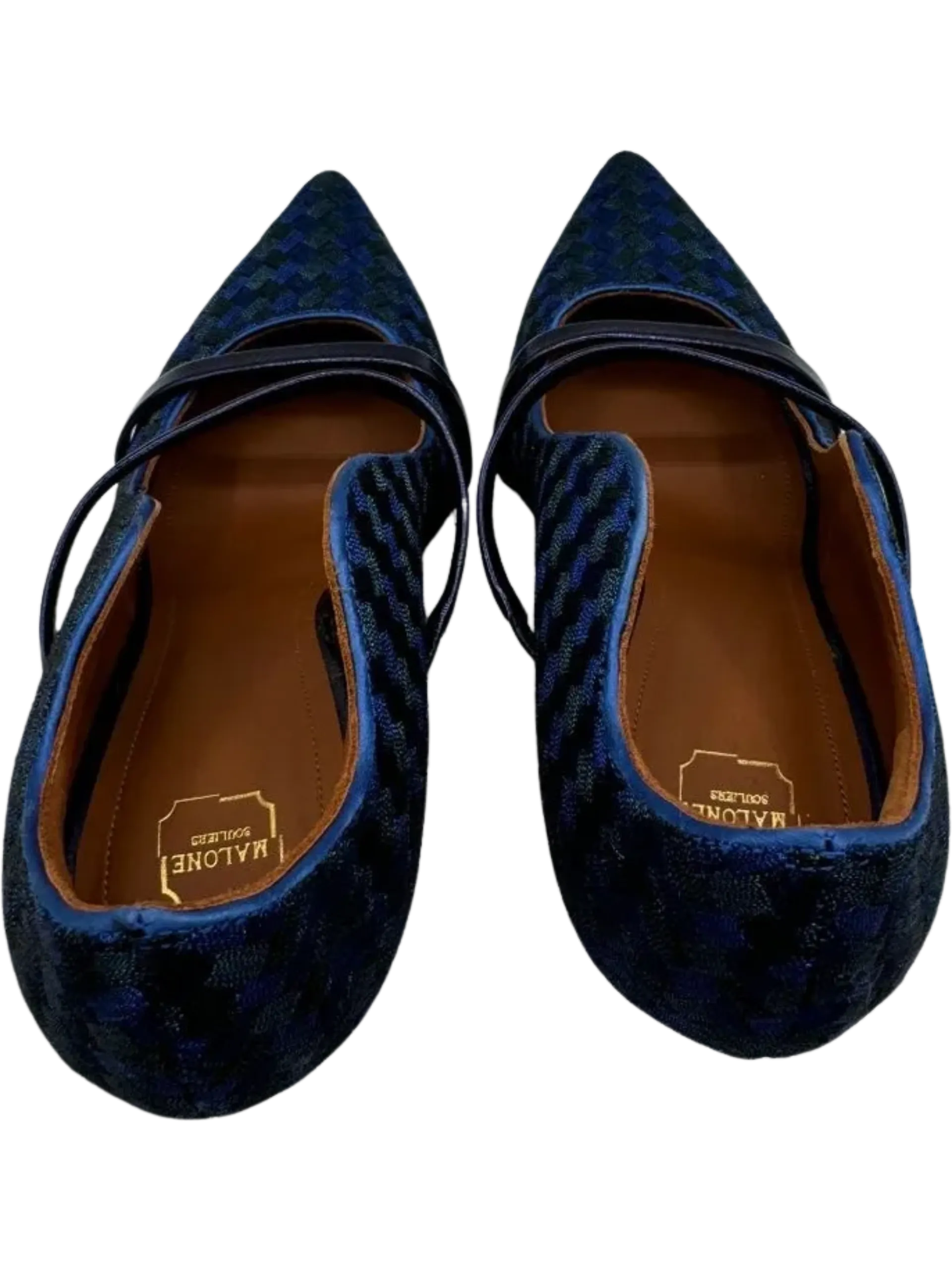 Malone Souliers Navy Maureen Bicolor Woven Point-Toe Mules Leopard Print Heels