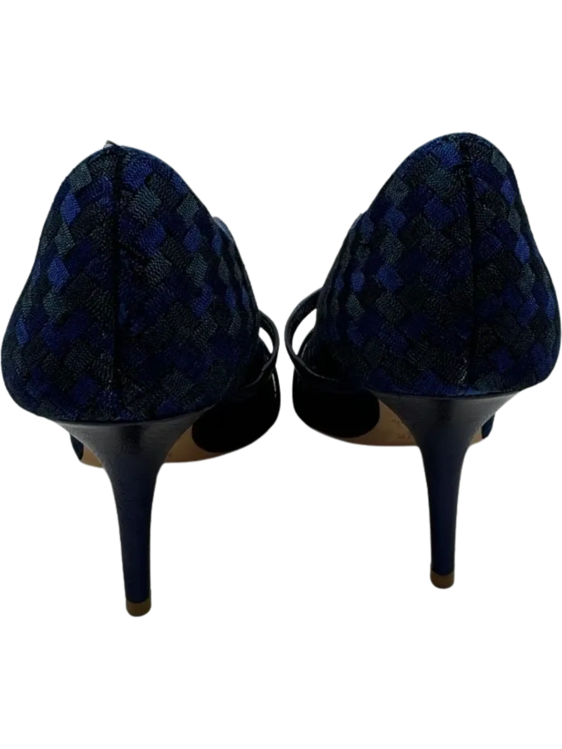 Malone Souliers Navy Maureen Bicolor Woven Point-Toe Mules Animal Print High Heels