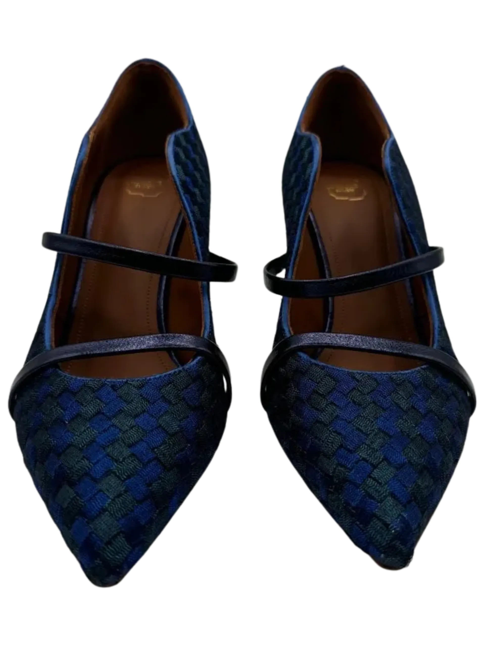 Malone Souliers Navy Maureen Bicolor Woven Point-Toe Mules High Heels Size 1