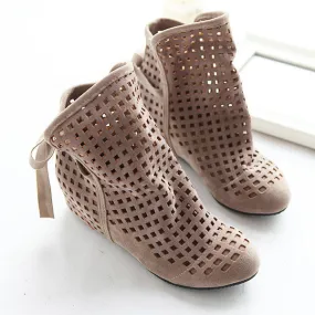 Summer Boots Women Flock Flat shoes Low Hidden Wedges Solid Cut-outs Ankle Boot Ladies Casual Shoes Mary Jane Shoes Flat
