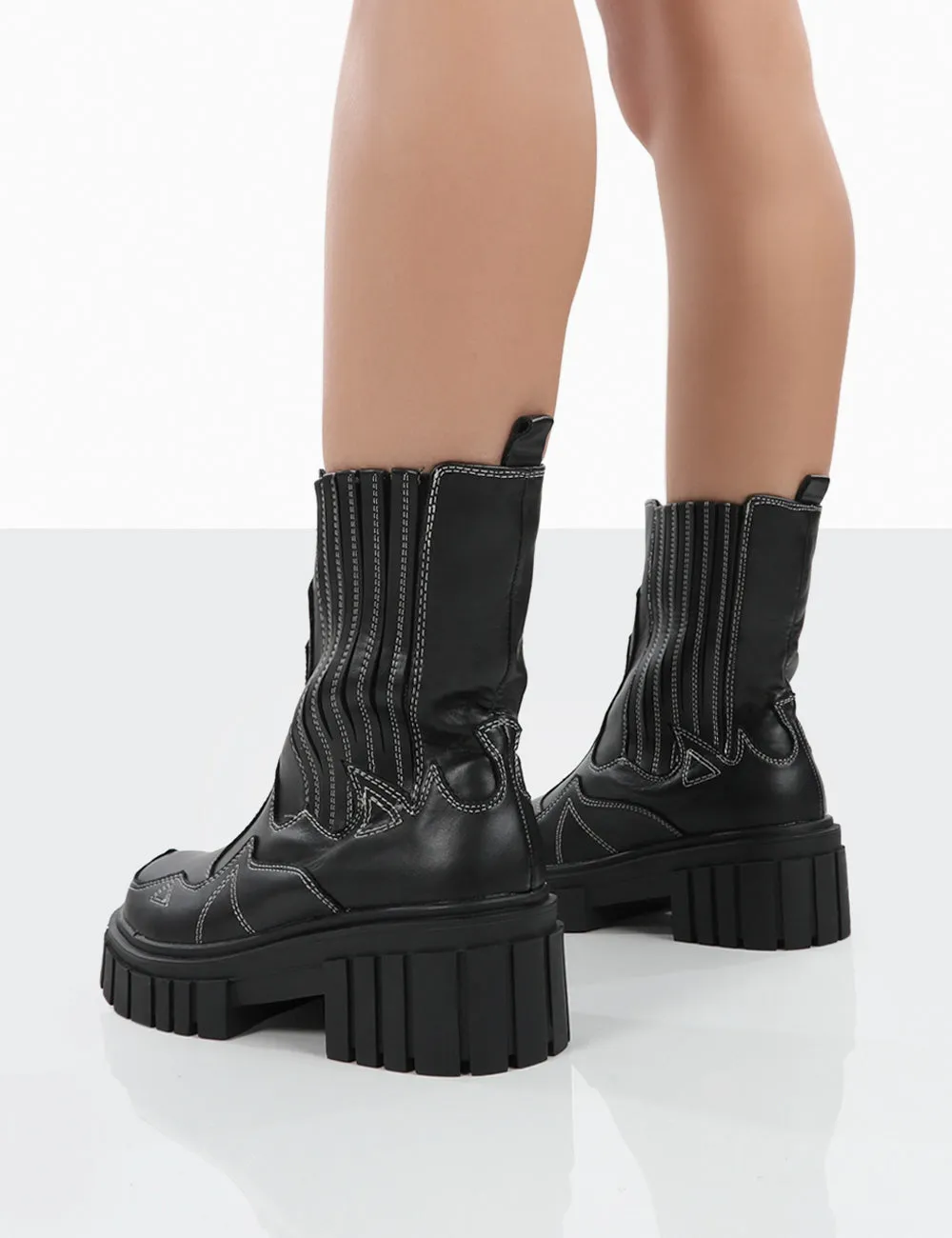 Consequence Black Drench Stitched Detail Chunky Sole Ankle Boots Adidas Shoes Wide